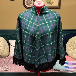 Vintage 1976 wool tartan poncho with black yarn fringe